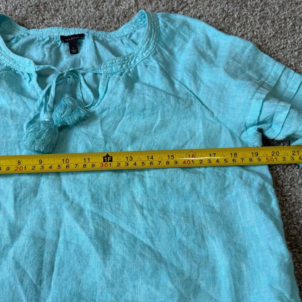 Talbots 100% Linen Tassel Top Aqua Blue Boho Coastal Cottagecore Chic Sumner - Picture 5 of 6